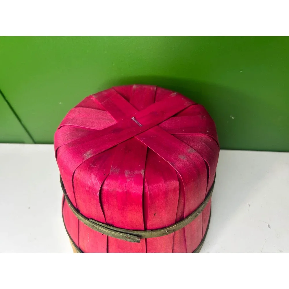 Vintage Red and Green Woven Wood Bushel Basket with Wire Handle Farmhouse Decor